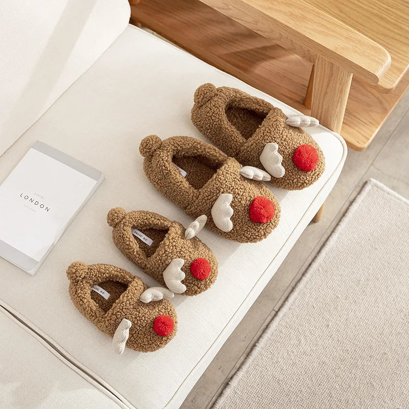 Unisex Adult Holiday Christmas Gift Family Matching  Reindeer  Bear Plush Memory Foam Reindeer Slippers for Adults Kids