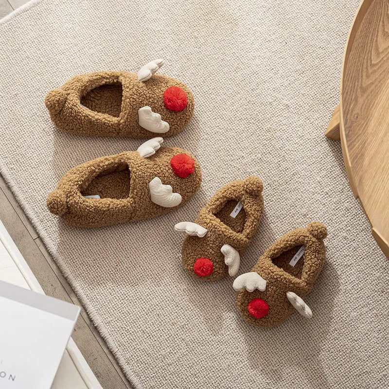 Unisex Adult Holiday Christmas Gift Family Matching  Reindeer  Bear Plush Memory Foam Reindeer Slippers for Adults Kids