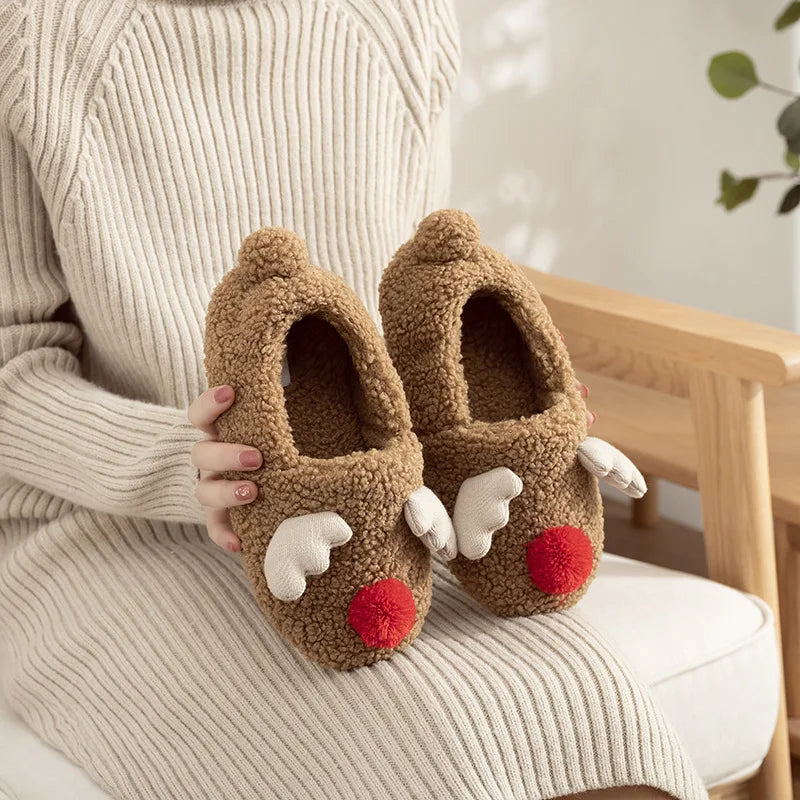 Unisex Adult Holiday Christmas Gift Family Matching  Reindeer  Bear Plush Memory Foam Reindeer Slippers for Adults Kids