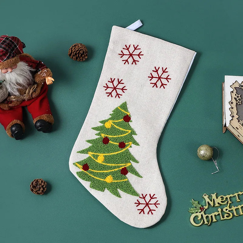 Decoration 18 Inch Christmas Stockings & White Linen Embroidery Christmas Stocking for Holiday Decoration