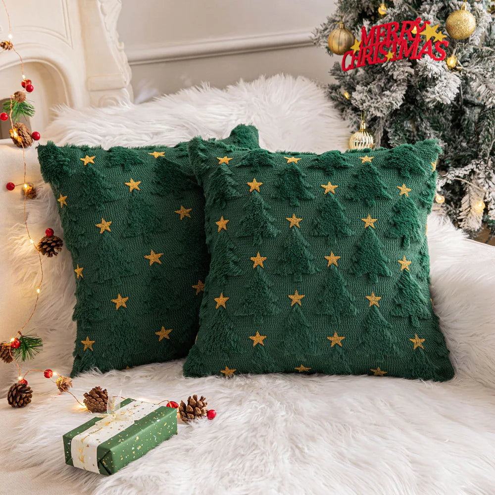 Christmas Star Plush Christmas Tree Embroidered Pillow Case Square Shape for Living Room Holiday Party Decoration Sofa Companion