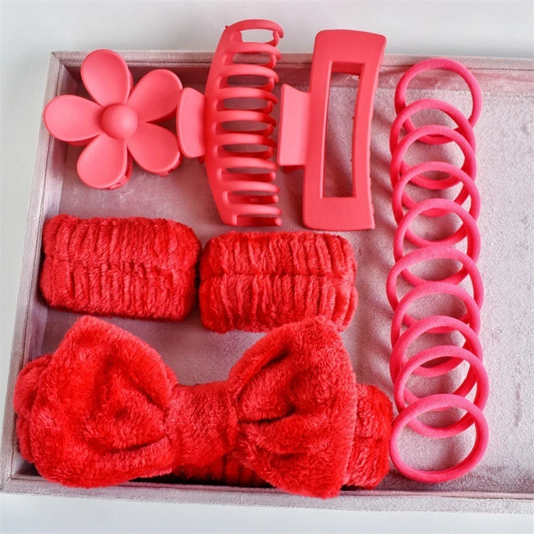 Wholesale 16pcs/set Spa Washing Face Makeup Washband Fluffy Wristband Bow Headbands Flower Hair Claw Women Hair Accessories Set