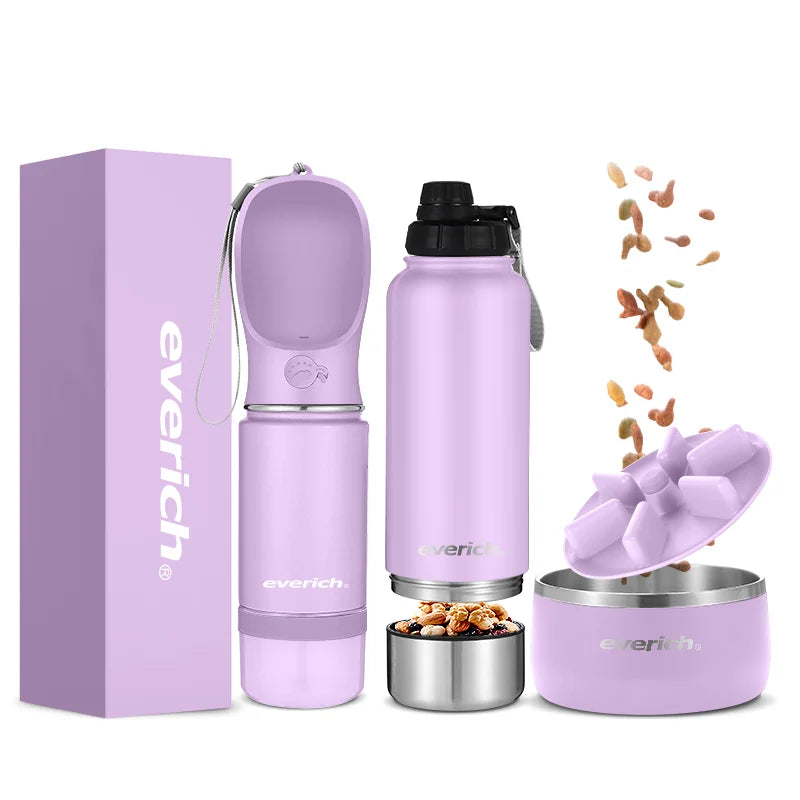 3 in 1 14oz 22oz 32oz Outdoor Leakproof Stainless Steel Dog Water Bottle Dispenser with Drinking Feeder for Pets Walking