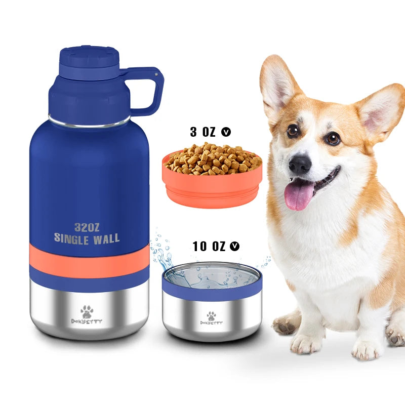 Free Sample 32oz 3 in 1  Leak-proof Travel Water Bottle for Dogs  Humans Single Wall Detachable Food Water Bowls