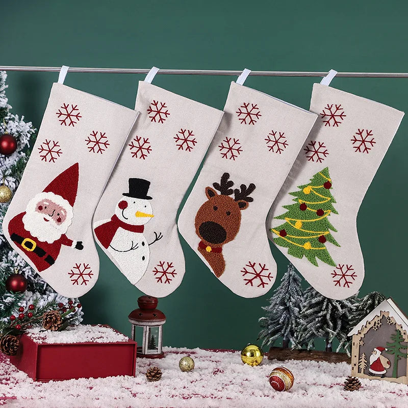 Decoration 18 Inch Christmas Stockings & White Linen Embroidery Christmas Stocking for Holiday Decoration