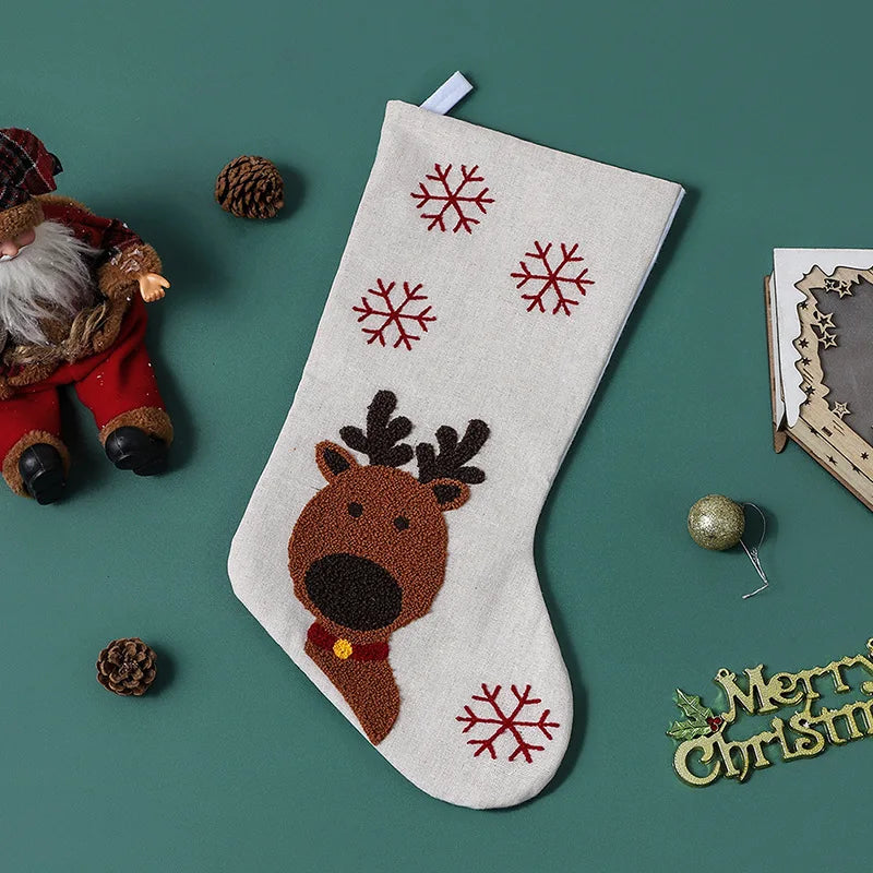 Decoration 18 Inch Christmas Stockings & White Linen Embroidery Christmas Stocking for Holiday Decoration
