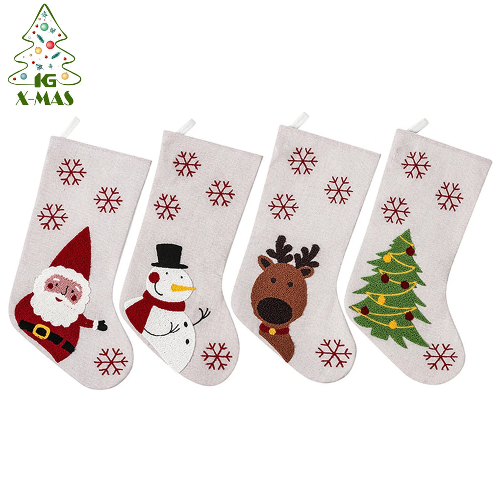 Decoration 18 Inch Christmas Stockings & White Linen Embroidery Christmas Stocking for Holiday Decoration