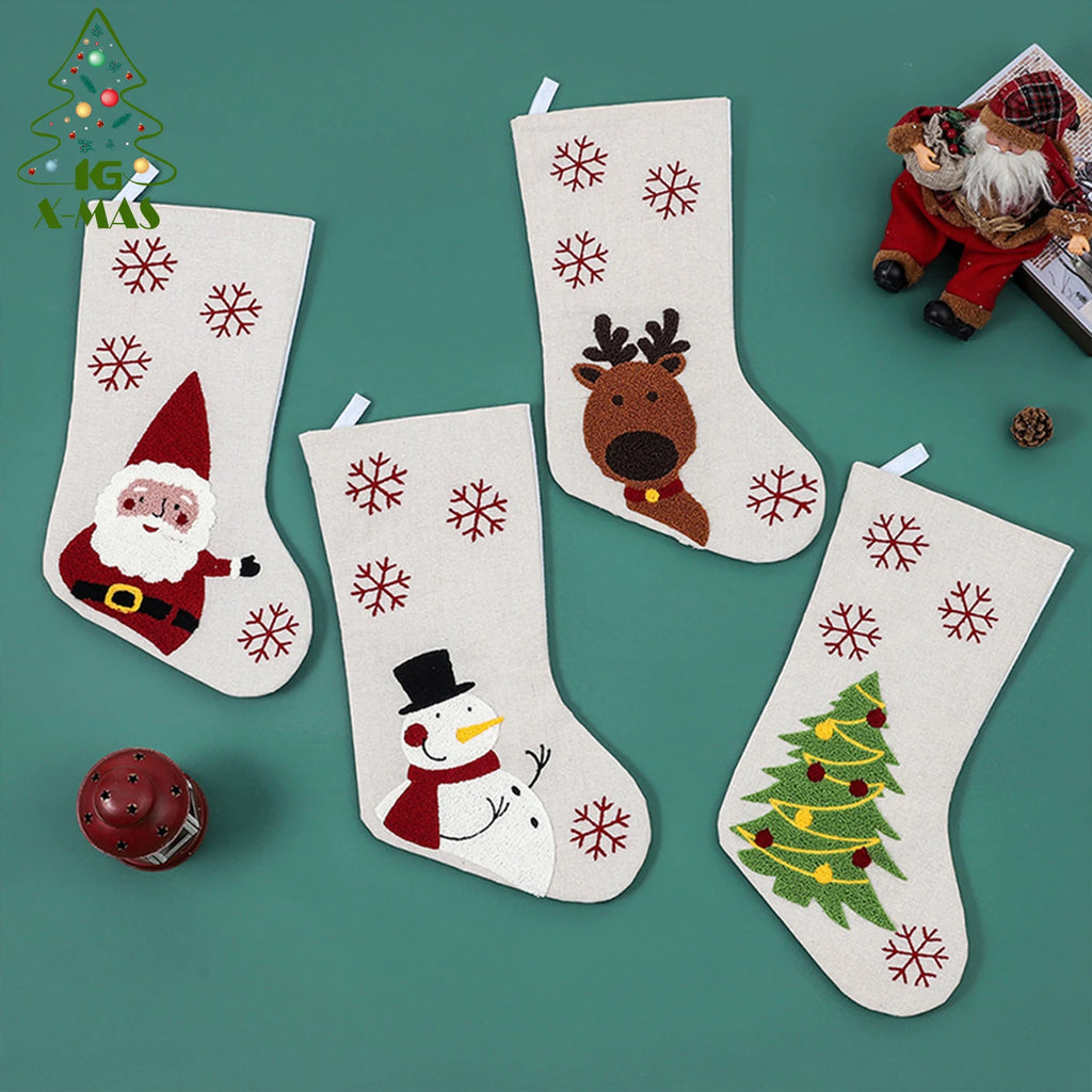 Decoration 18 Inch Christmas Stockings & White Linen Embroidery Christmas Stocking for Holiday Decoration