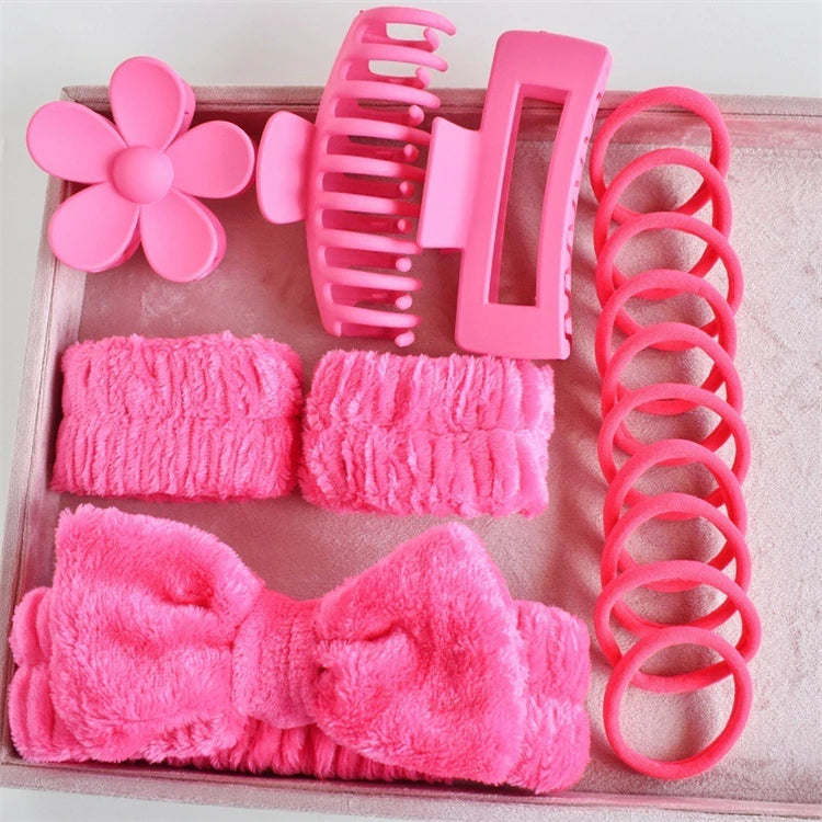 Wholesale 16pcs/set Spa Washing Face Makeup Washband Fluffy Wristband Bow Headbands Flower Hair Claw Women Hair Accessories Set
