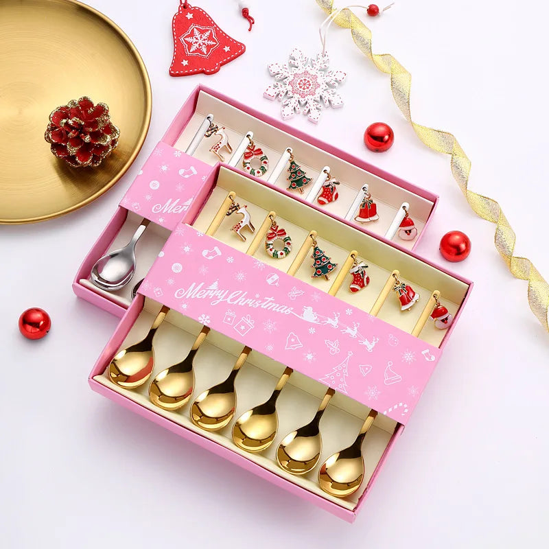 Christmas Stainless Steel Gold Coffee Spoon Set With Gift Box Package Tea Spoons Sets
