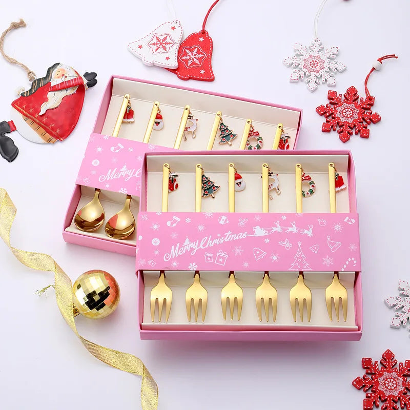 Christmas Stainless Steel Gold Coffee Spoon Set With Gift Box Package Tea Spoons Sets