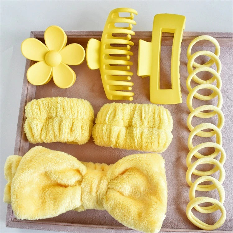 Wholesale 16pcs/set Spa Washing Face Makeup Washband Fluffy Wristband Bow Headbands Flower Hair Claw Women Hair Accessories Set