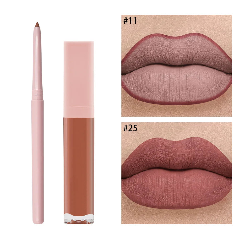 High Quality Long Lasting Moisturizing Mineral Makeup 2 in 1 Liquid Lipstick and Lip Liner Kit Custom Logo