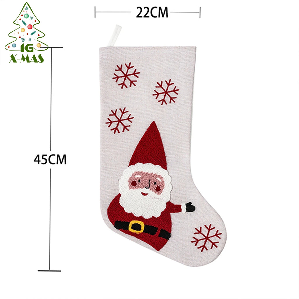 Decoration 18 Inch Christmas Stockings & White Linen Embroidery Christmas Stocking for Holiday Decoration