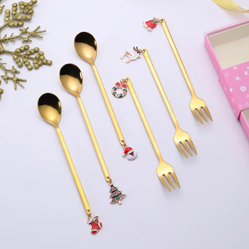 Christmas Stainless Steel Gold Coffee Spoon Set With Gift Box Package Tea Spoons Sets