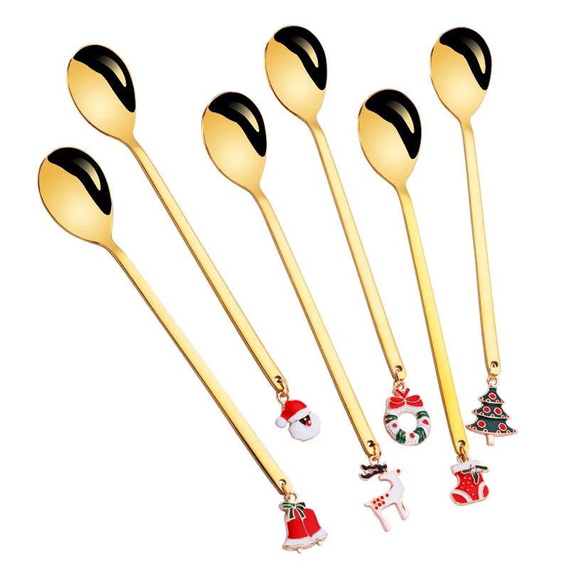 Christmas Stainless Steel Gold Coffee Spoon Set With Gift Box Package Tea Spoons Sets