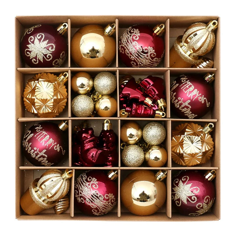 42-Piece Christmas Ball Set Wine Red & Gold Painted UV Printed Cross-Border Tree Hanging Decorations for Festive Holidays
