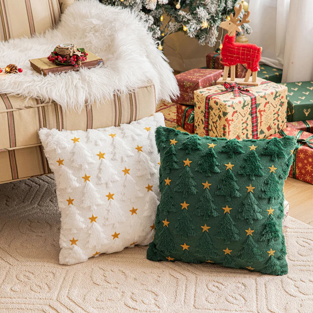 Christmas Star Plush Christmas Tree Embroidered Pillow Case Square Shape for Living Room Holiday Party Decoration Sofa Companion