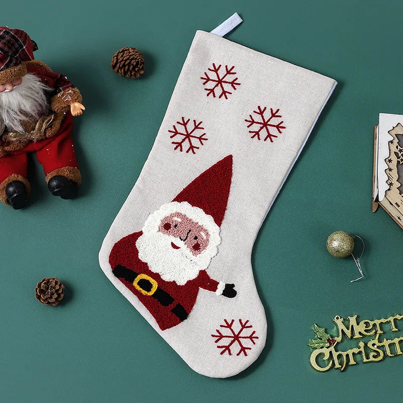 Decoration 18 Inch Christmas Stockings & White Linen Embroidery Christmas Stocking for Holiday Decoration