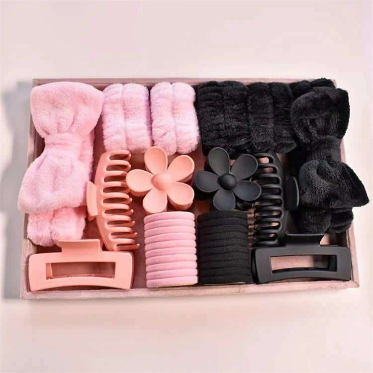 Wholesale 16pcs/set Spa Washing Face Makeup Washband Fluffy Wristband Bow Headbands Flower Hair Claw Women Hair Accessories Set