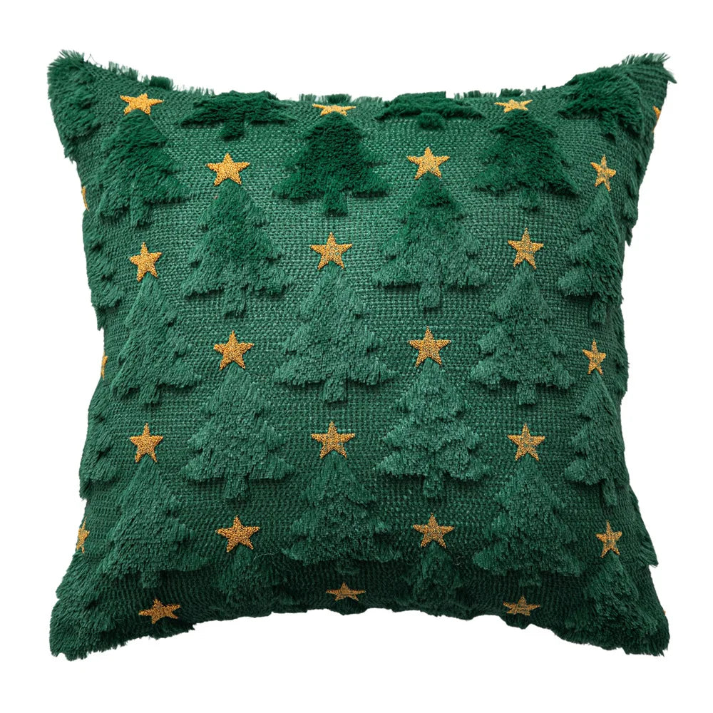 Christmas Star Plush Christmas Tree Embroidered Pillow Case Square Shape for Living Room Holiday Party Decoration Sofa Companion