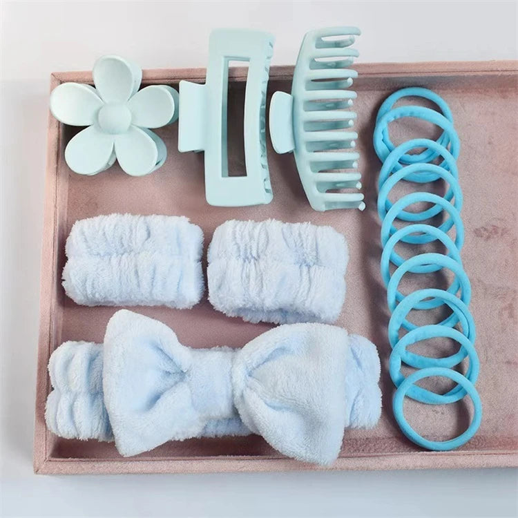 Wholesale 16pcs/set Spa Washing Face Makeup Washband Fluffy Wristband Bow Headbands Flower Hair Claw Women Hair Accessories Set