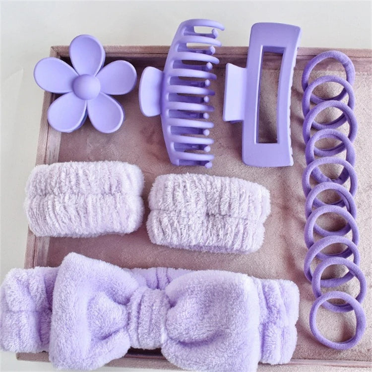 Wholesale 16pcs/set Spa Washing Face Makeup Washband Fluffy Wristband Bow Headbands Flower Hair Claw Women Hair Accessories Set