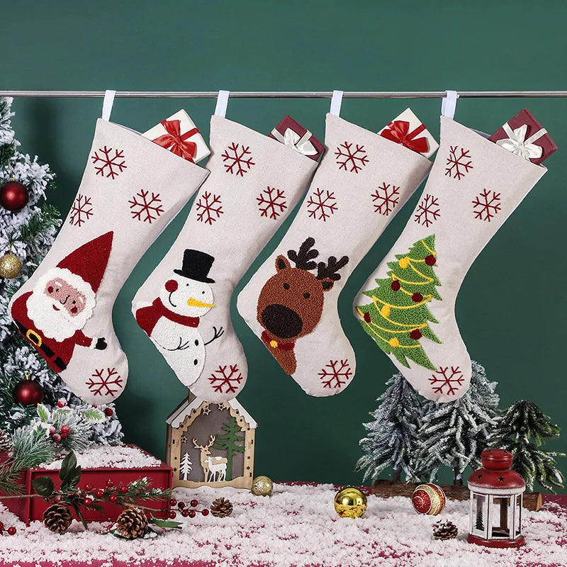 Decoration 18 Inch Christmas Stockings & White Linen Embroidery Christmas Stocking for Holiday Decoration