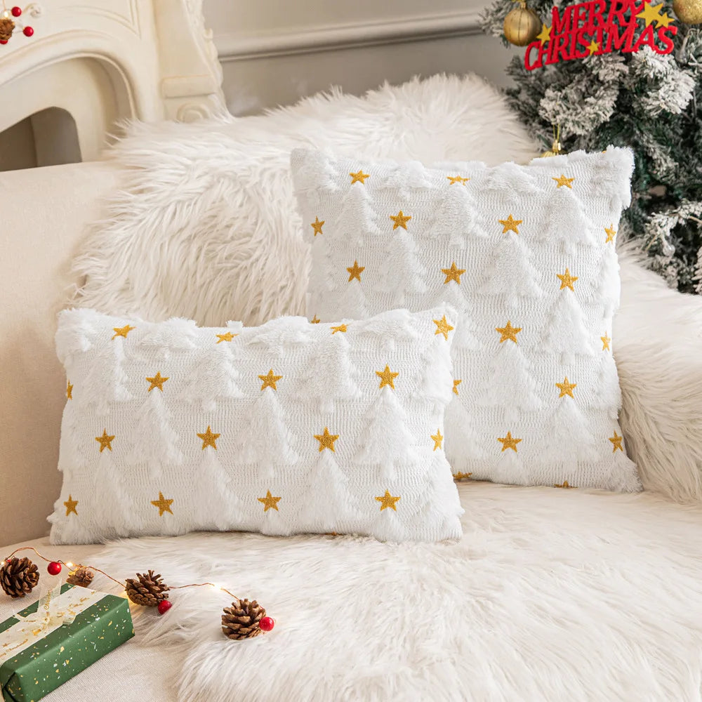 Christmas Star Plush Christmas Tree Embroidered Pillow Case Square Shape for Living Room Holiday Party Decoration Sofa Companion