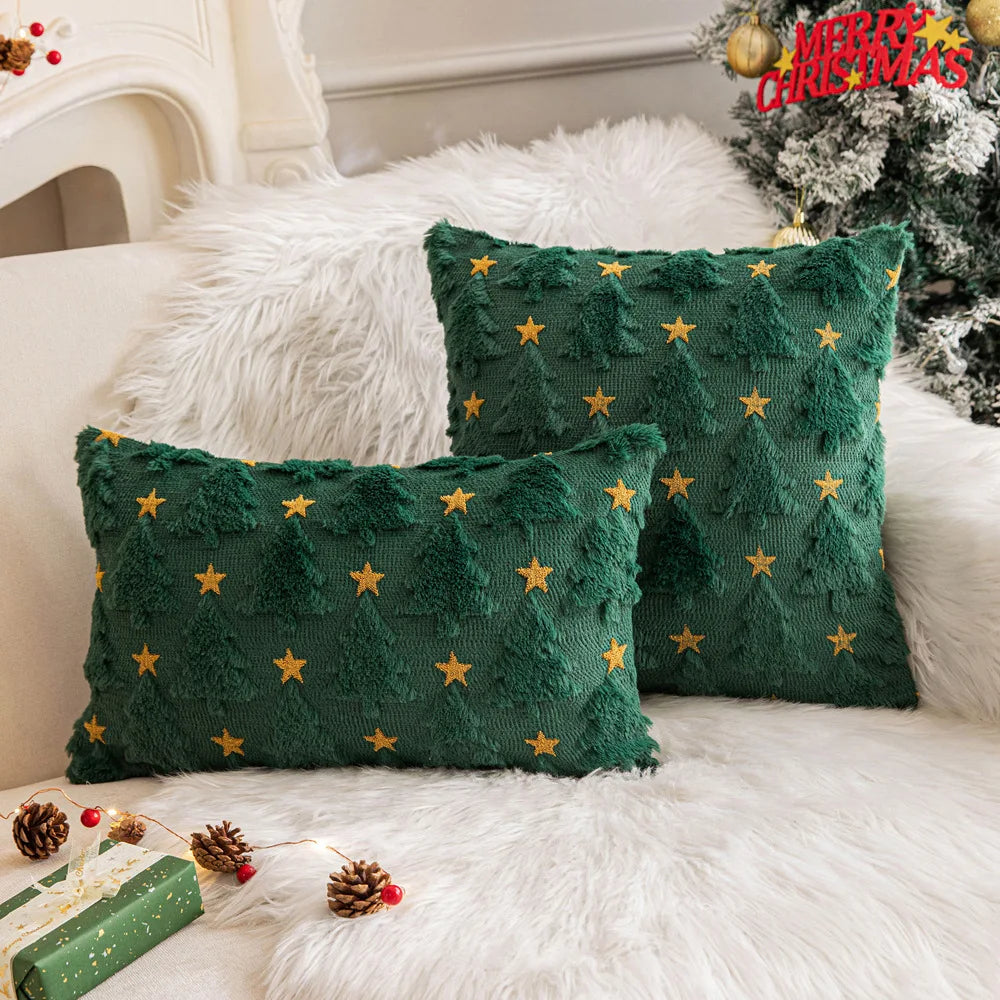 Christmas Star Plush Christmas Tree Embroidered Pillow Case Square Shape for Living Room Holiday Party Decoration Sofa Companion