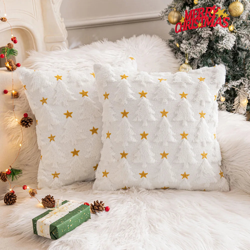 Christmas Star Plush Christmas Tree Embroidered Pillow Case Square Shape for Living Room Holiday Party Decoration Sofa Companion