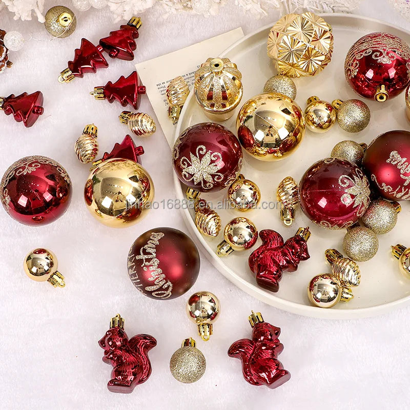 42-Piece Christmas Ball Set Wine Red & Gold Painted UV Printed Cross-Border Tree Hanging Decorations for Festive Holidays