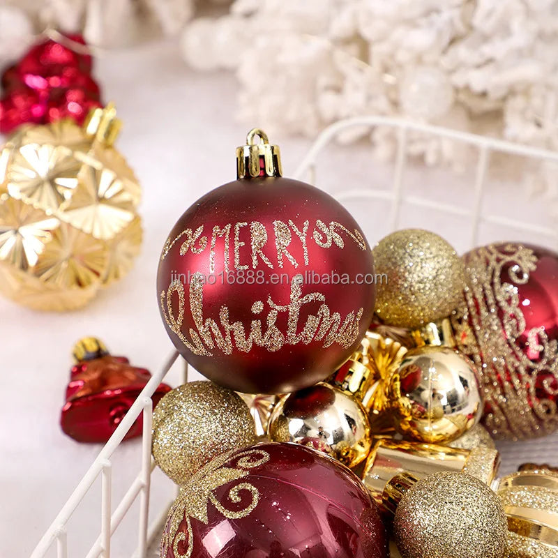 42-Piece Christmas Ball Set Wine Red & Gold Painted UV Printed Cross-Border Tree Hanging Decorations for Festive Holidays