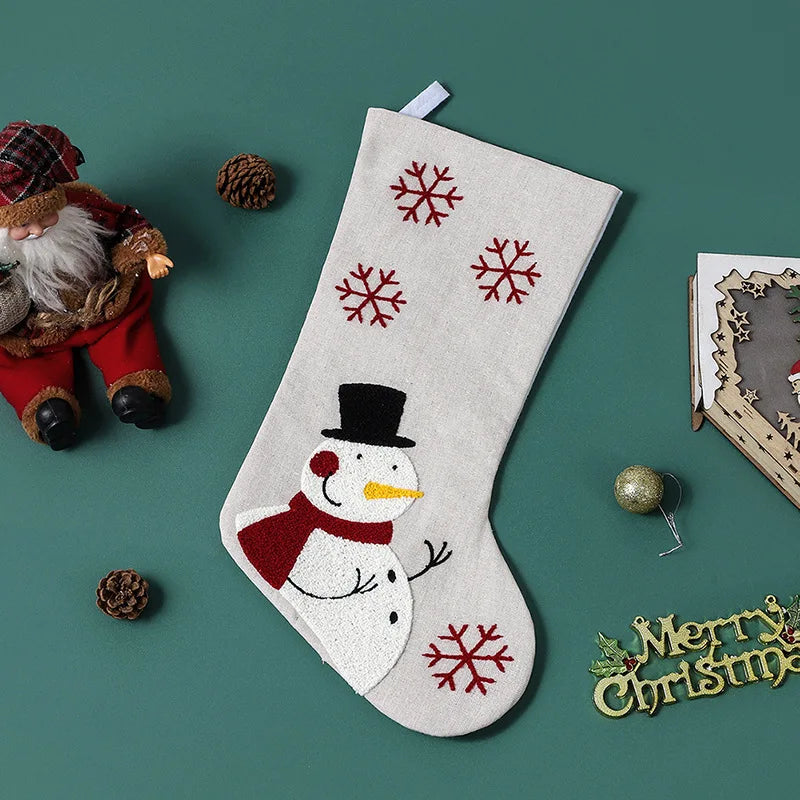 Decoration 18 Inch Christmas Stockings & White Linen Embroidery Christmas Stocking for Holiday Decoration