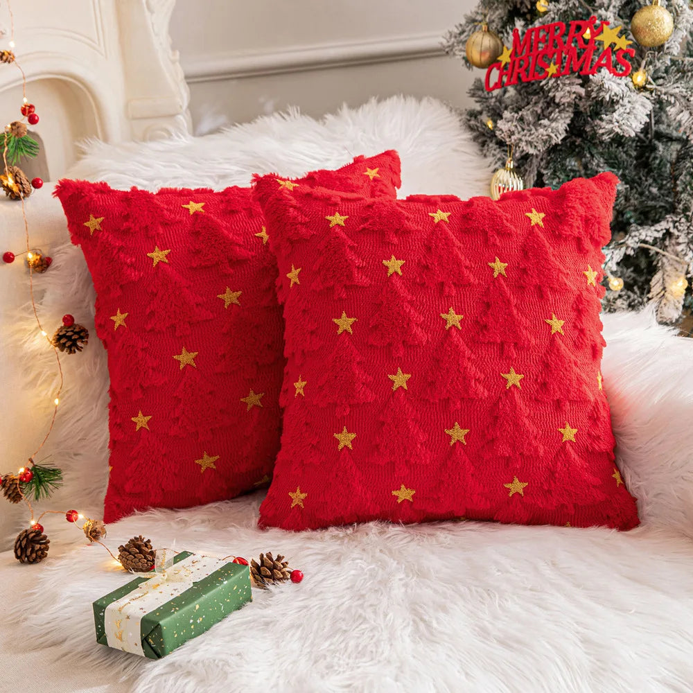 Christmas Star Plush Christmas Tree Embroidered Pillow Case Square Shape for Living Room Holiday Party Decoration Sofa Companion