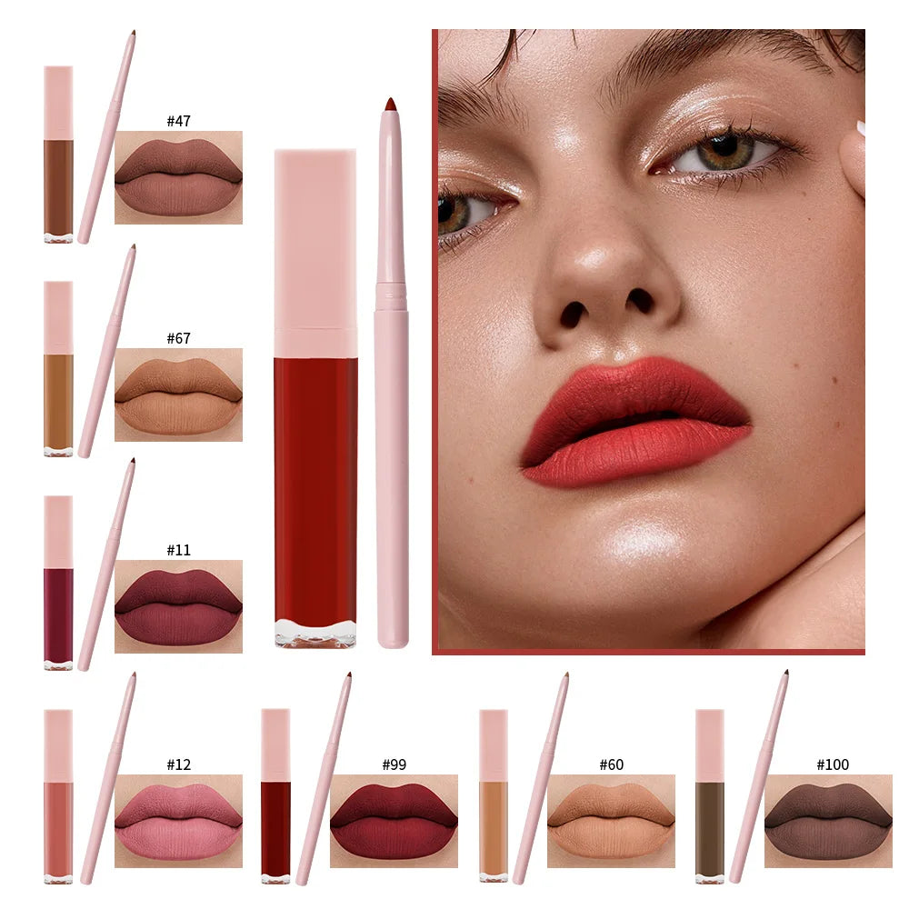 High Quality Long Lasting Moisturizing Mineral Makeup 2 in 1 Liquid Lipstick and Lip Liner Kit Custom Logo