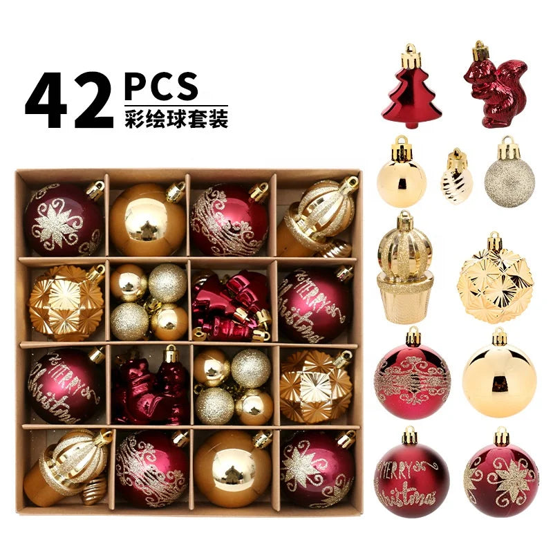 42-Piece Christmas Ball Set Wine Red & Gold Painted UV Printed Cross-Border Tree Hanging Decorations for Festive Holidays