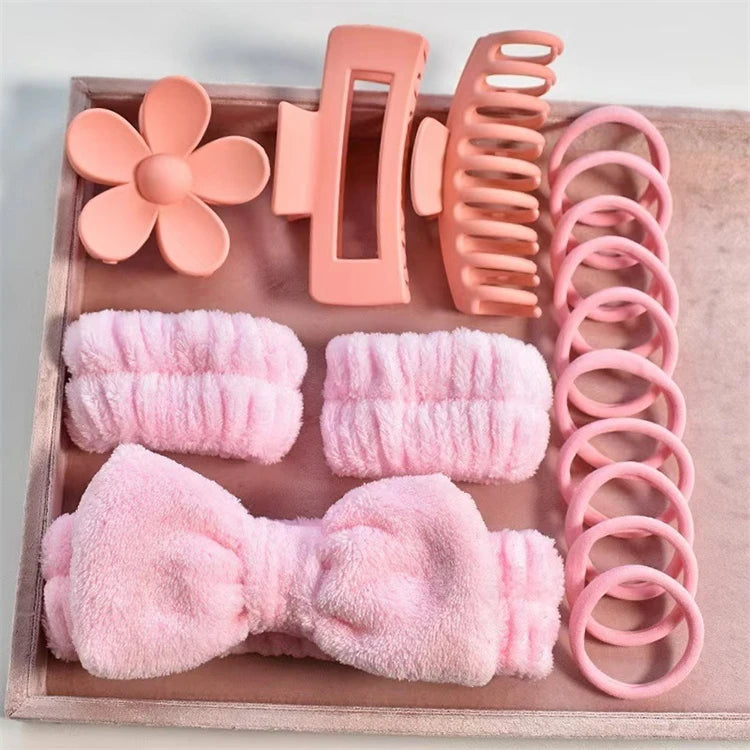 Wholesale 16pcs/set Spa Washing Face Makeup Washband Fluffy Wristband Bow Headbands Flower Hair Claw Women Hair Accessories Set