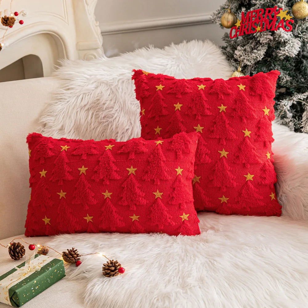 Christmas Star Plush Christmas Tree Embroidered Pillow Case Square Shape for Living Room Holiday Party Decoration Sofa Companion