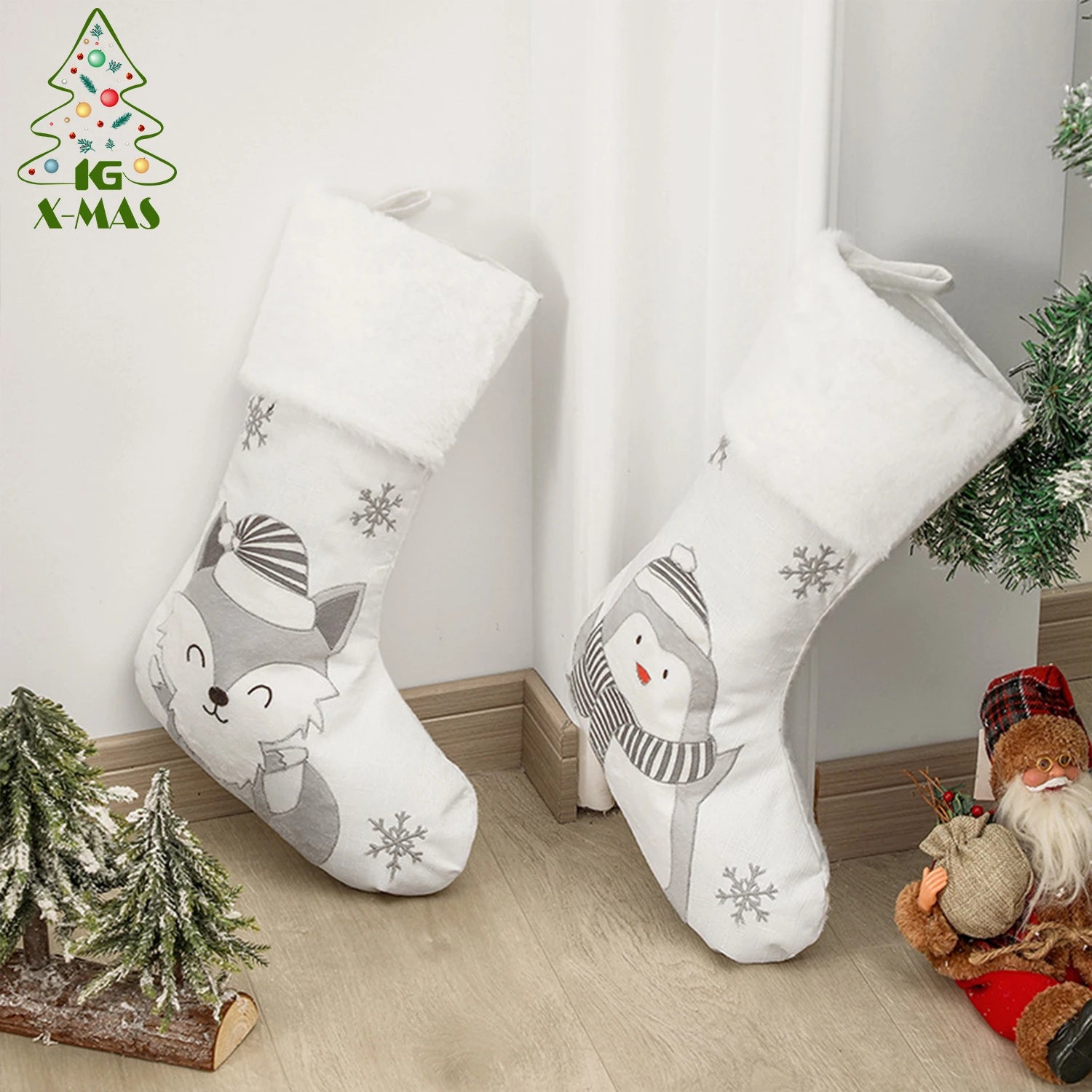 KG Xmas Noel Natale Adornos De Navidad Home Holiday Decoration 19inch White Christmas Gift Sock Christmas Tree Ornament Stocking